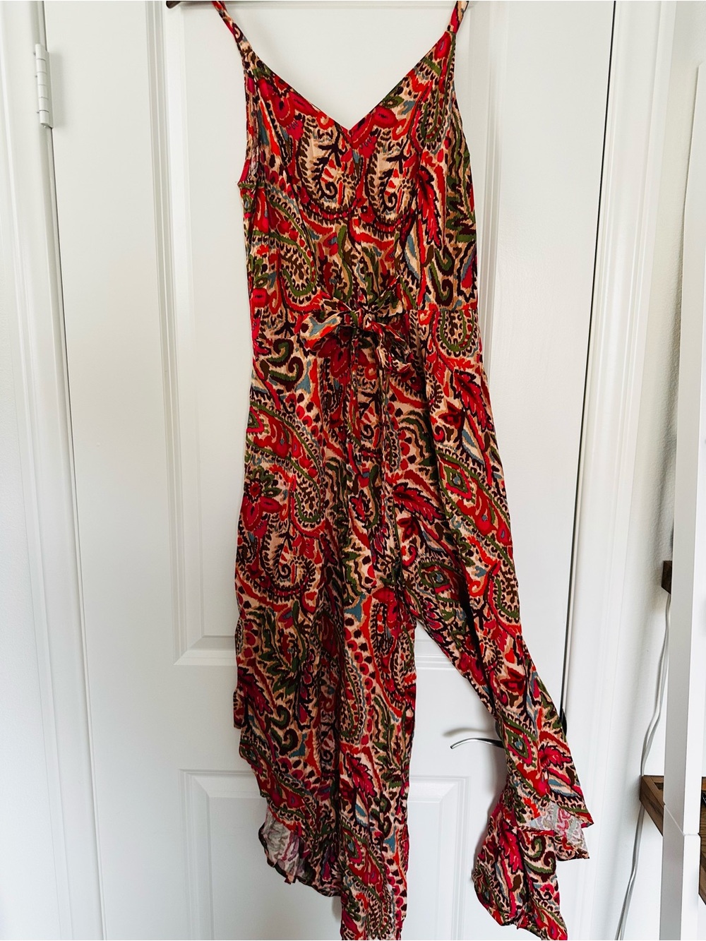 MSK Red Paisley Wide Leg Jumpsuit Tie Waist Boho Fall Size Medium